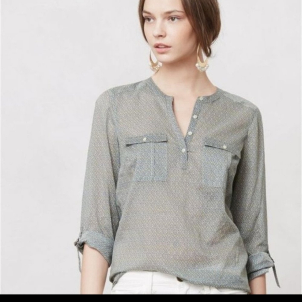 Holding Horses Anthropologie Long Sleeve Tulipane Semi Sheer Henley Blouse Sz 12